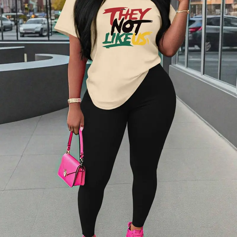 Women's Letter Print Tee & Skinny Pants Two-Piece Set Suits Casual Fashion Cozy Round Neck Short Sleeve Fitted T-Shirt & Trousers for Daily Outdoor Wear, Casual Chic Set, Ladies Clothes for Spring & Fall, Womenswear