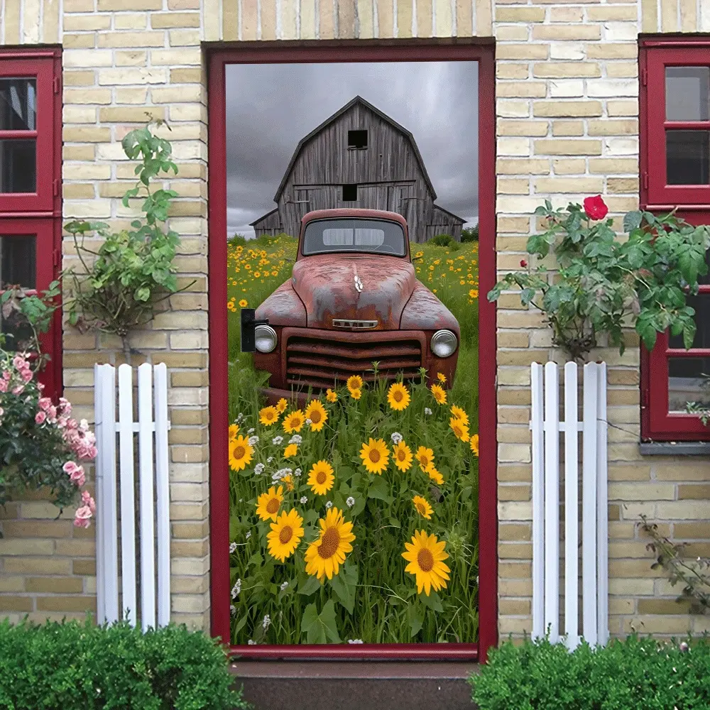 2pcs Vintage American Country Style Wooden Barn and Old Truck Wall Sticker Nostalgic Sunflower Field Landscape Decal Removable Self Adhesive Wallpaper Mural for Living Room Bedroom Home Decor