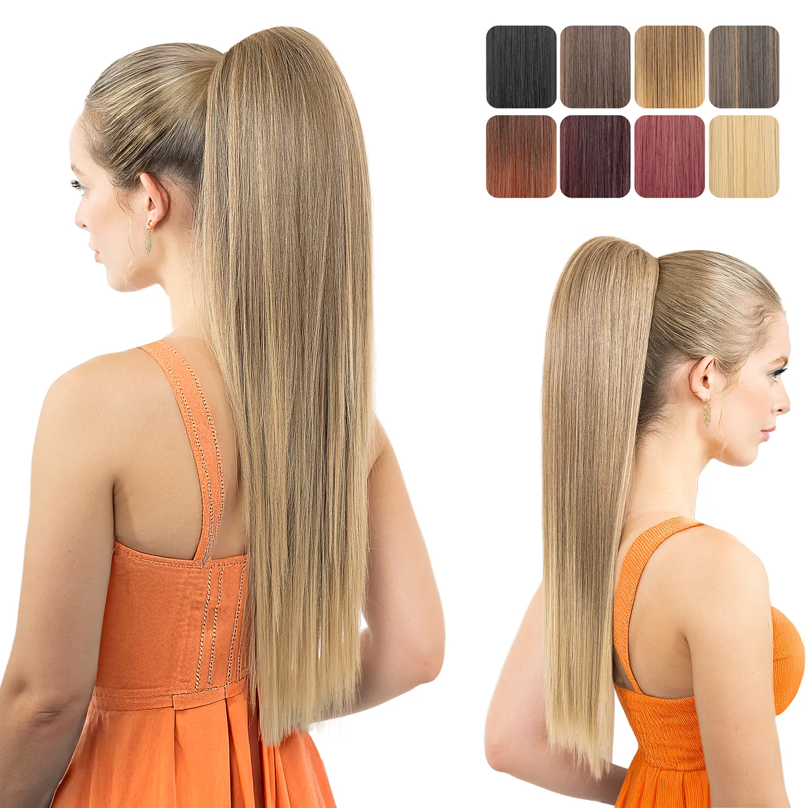 LuxeHair 24" Long Straight claw Clip Ponytail Extension Heat Resistant Fiber 3-in-1 Reversible Two Styles Ponytail -Multi Color Available