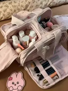 Sweet Large Capacity Makeup Bag, Multi-Compartment Design, Portable Travel Cosmetic Pouch, Daily Commute Use, Zipper