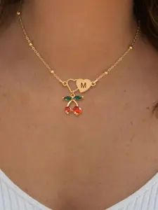 Women's Stainless Steel Heart Initial Cherry Pendant Necklace, Fashion Ball Chain Jewelry for All Seasons, Initial Letter Necklace