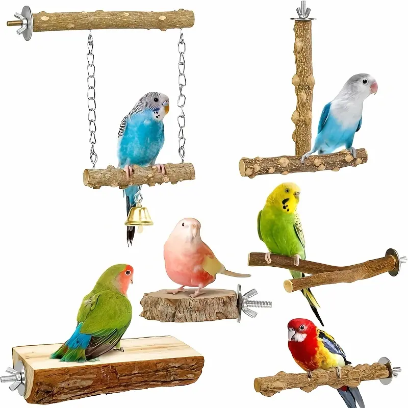 6pcs Parrot Sichuan Pepper Wood Station Stick Swing, T-shaped Platform Frame, Platform Jumping Combination Toy, Grinding Teeth And Mouth Toy