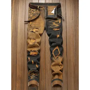 High-quality casual fashion new-style trendy multi-craft distressed cat-whisker detailing multi-position ripped men’s jeans.