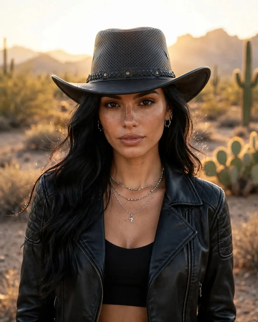 Next Collection Vented Black Leather Cowboy Hat | Unisex Perforated Outback Trail Hat with Braided Band