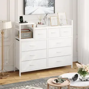 【GARVEE】White Dresser for Bedroom with 9 Drawers and Integrated Charging Station - Multi-functional Storage and TV Stand