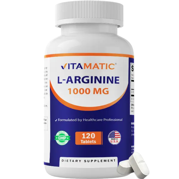 Vitamatic L-Arginine 1000 mg Clean & Simple Edible Dietary Healthcare Tablets - 120 Count Amino Acid Supplement, 36-Month Shelf Life, Non-GMO, Gluten-Free, Dairy-Free, Nitric Boost, Single Bottle, Made in USA