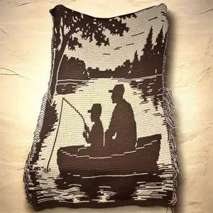 Mosaic Crochet Fishing Buddies Blanket - Cozy Father Son Fishing Scene Throw for Warmth and Sentiment