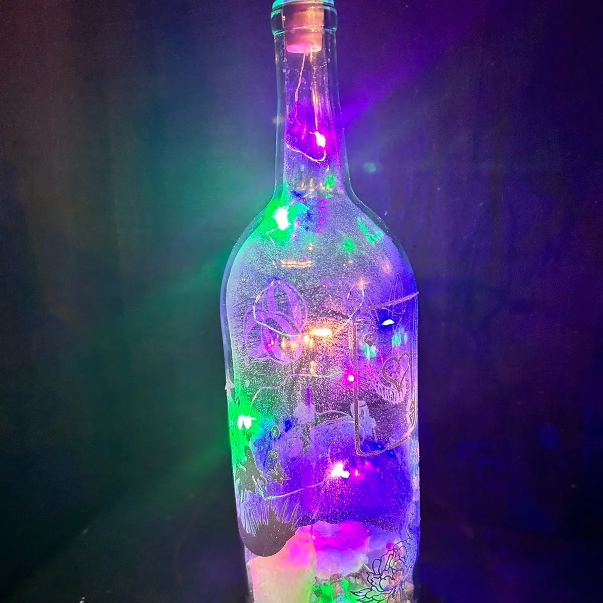 Decorative light up wine bottles. Various designs