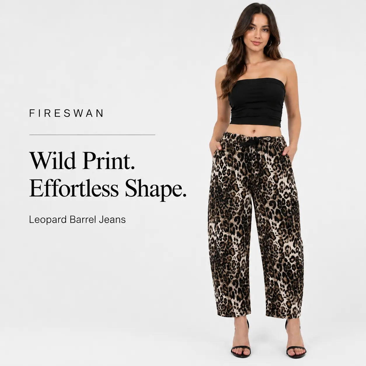 FireSwan Women's Barrel Jeans Stretchy High-Waisted Leopard Print Cropped Wide-Leg Casual Pants with Pockets, Y2K Trend | All-Stage Comfort Flexible Fit Denim