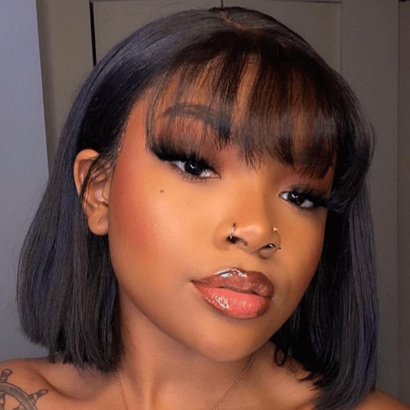 UNice Glueless Silk Straight Short Bob Wig with Bangs Full Machine Made Human Hair Wigs for Natural Looking
