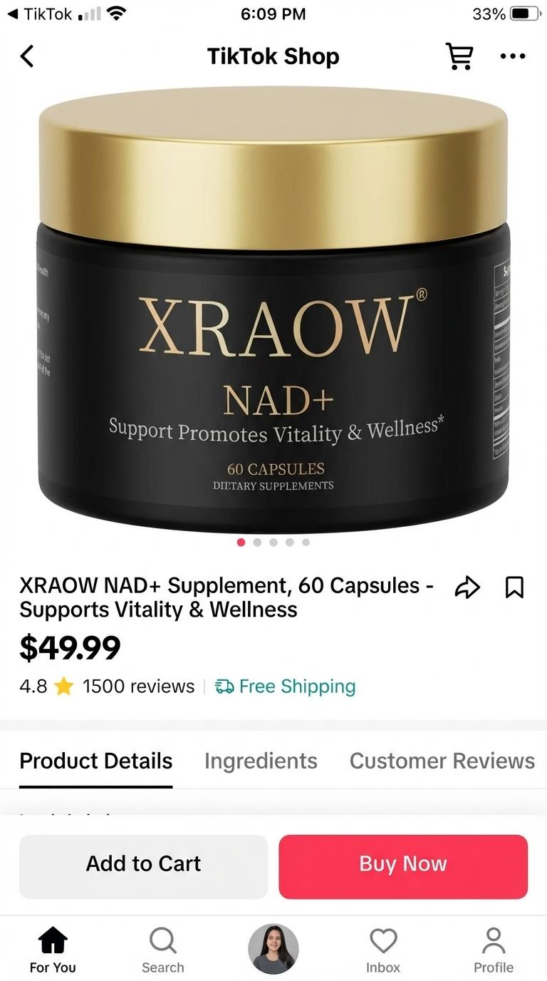 XRAOW NAD Supplement with Resveratrol NMN 30-Day Supply Advanced NAD+ Third-Party Tested for Quality Safety Vitamin Healthcare Edible Fitness Dietary Supplement for Healthy Lifestyle