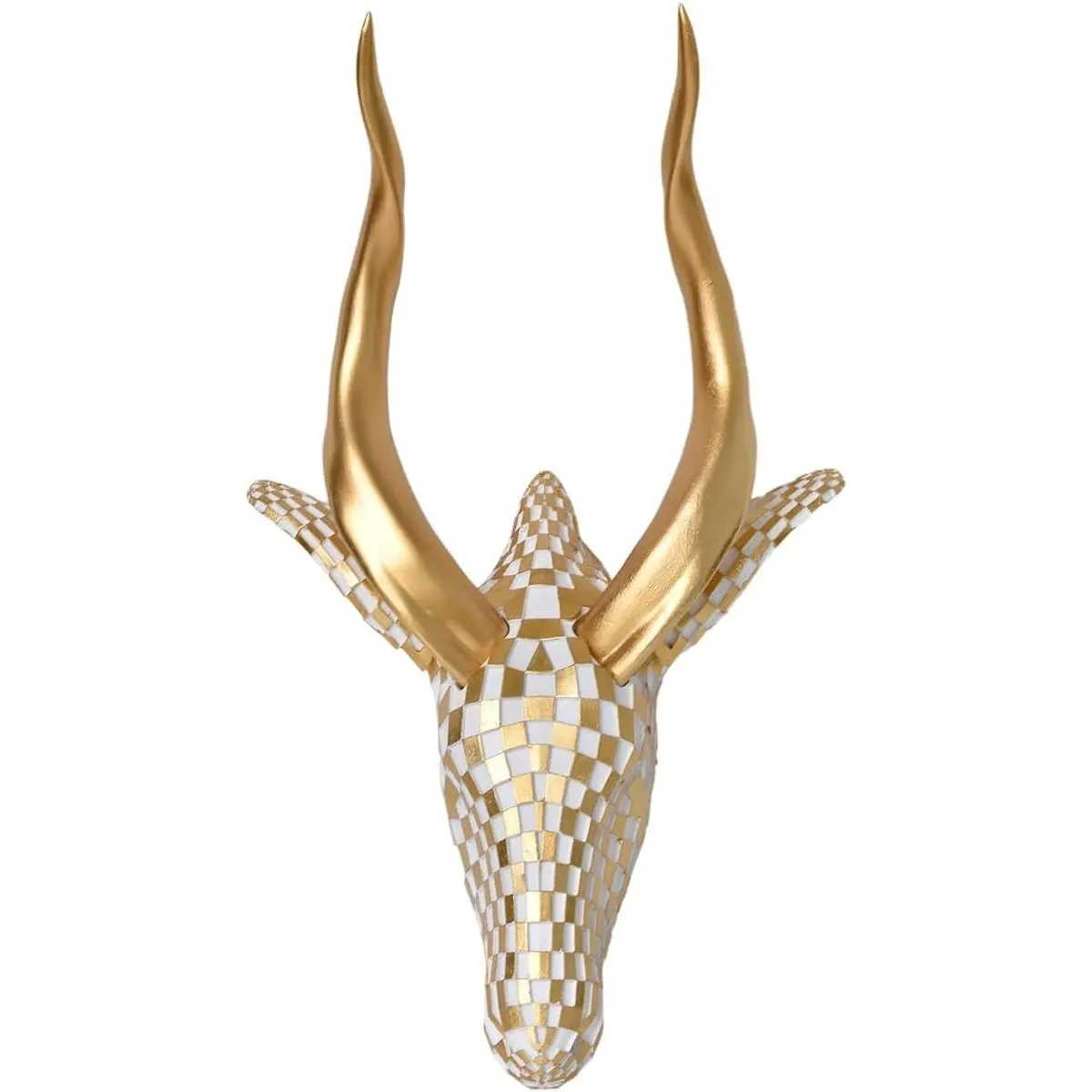 GIGICICI 13.7x5.5-Inch Antelope Head Wall Sculpture Modern Resin Animal Decor Art Vintage Mosaic Statue for Living Room Bedroom Office, White Gold Checkered Gold Horns 3D Wall Art