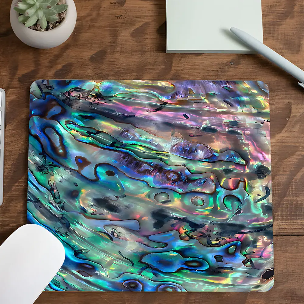 Iridescent Abalone Shell Square mouse pad, Aesthetic Desktop Decorative Protective Pad, Desk Protector Mat, Rubber Anti-slip Lockedge Work Pad, Small Size Suitable for Laptop, Desktop Computer Games, Work, Family, Desktop Accessories