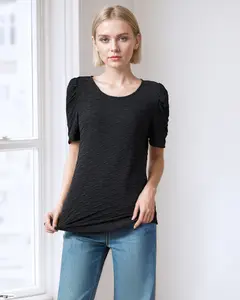Black round neck bubble sleeve T-shirt, women's short sleeved shirt, flesh blocking and slimming knit top LE-SY040