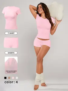 Women's Solid Crop Tee & Shorts Loungewear, Casual Comfy Round Neck Short Sleeve T-Shirt & Shorts PJ Set, Ladies Sleepwear for All Seasons, Pajama, Casual Comfy Pyjama