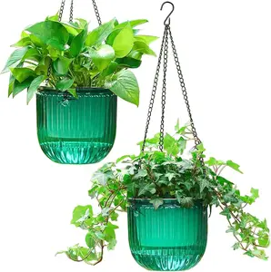 2-Pack Self-Watering Hanging Planters – 6.5” Indoor/Outdoor Flower Pots with Drainage Holes & 3 Hooks for Home & Garden (Emerald)