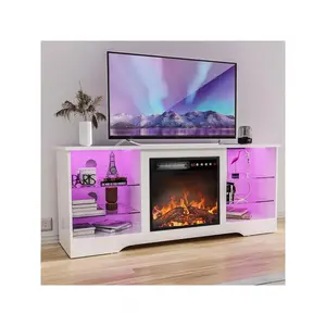 58" Modern Fireplace TV Stand With 18" Fireplace For Living Room, Entertainment Center For TVs Up To 65" With Leg Lights And Adjustable Glass Shelves