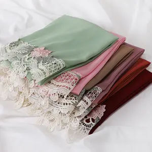 Fashion Muslim Women Pearl Chiffon Floral Lace Hijab Scarf