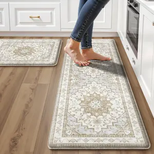 Anti Fatigue Cushioned PVC Kitchen Mats 2 Piece Set Non Slip Waterproof Farmhouse Floor Mats 2/5 Inch Comfort Standing Rugs for Sink Laundry Beige Tan 17.3"x47"+17.3"x28"