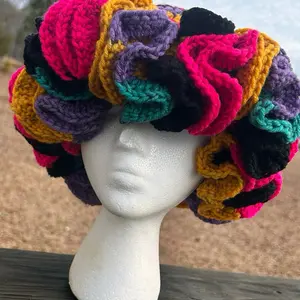 Multi-Magic Crochet Ruffle Hat - Colorful Crochet Design with Various Colors Including Pink, Purple, Black, and Yellow