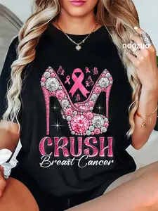 100% Cotton Unisex Crush Breast Cancer Awareness Bling Pink Ribbon High Heel T-Shirt