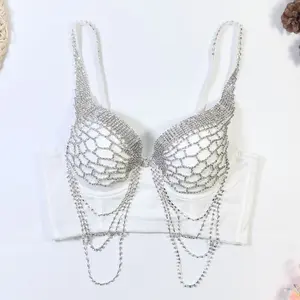 Corset Tank Tube Halter Tops Bra Blusas Short Hand Stitched Rhinestone Tassel Glisten weighted vests Woman Vest Sexy Summer Spring Hot Nightclub Fishbone Clothes Inner Clothing Sling Wedding Party Blind Date Stage Party Shaper Crop Halter Tank Tube Top