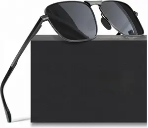 LUENX Rectangular Polarized Aviator Sunglasses for Men Retro Pilot Shades Driving UV400 Protection Lightweight Stainless Steel Frame Adjustable Nose Pads Comfortable Spring Hinges Classic Style Gift Set