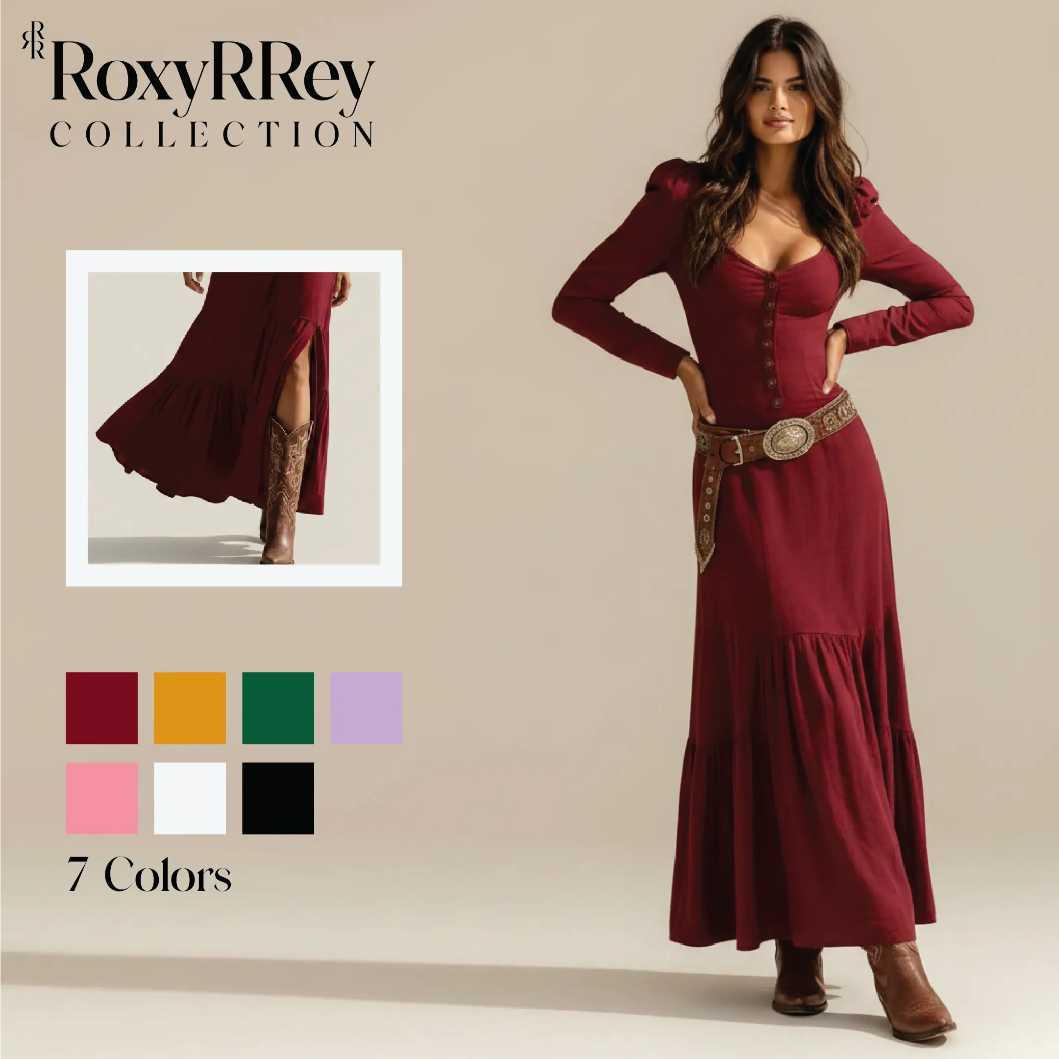 Women's Burgundy Polyester Boho Cowboy Button-Front Long Sleeve Full-Length Fitted Dress - Feminine Ruffles, Flattering Cut, Flowy, Casual-Evening Wear for Date Night, Machine-Washable Fabric