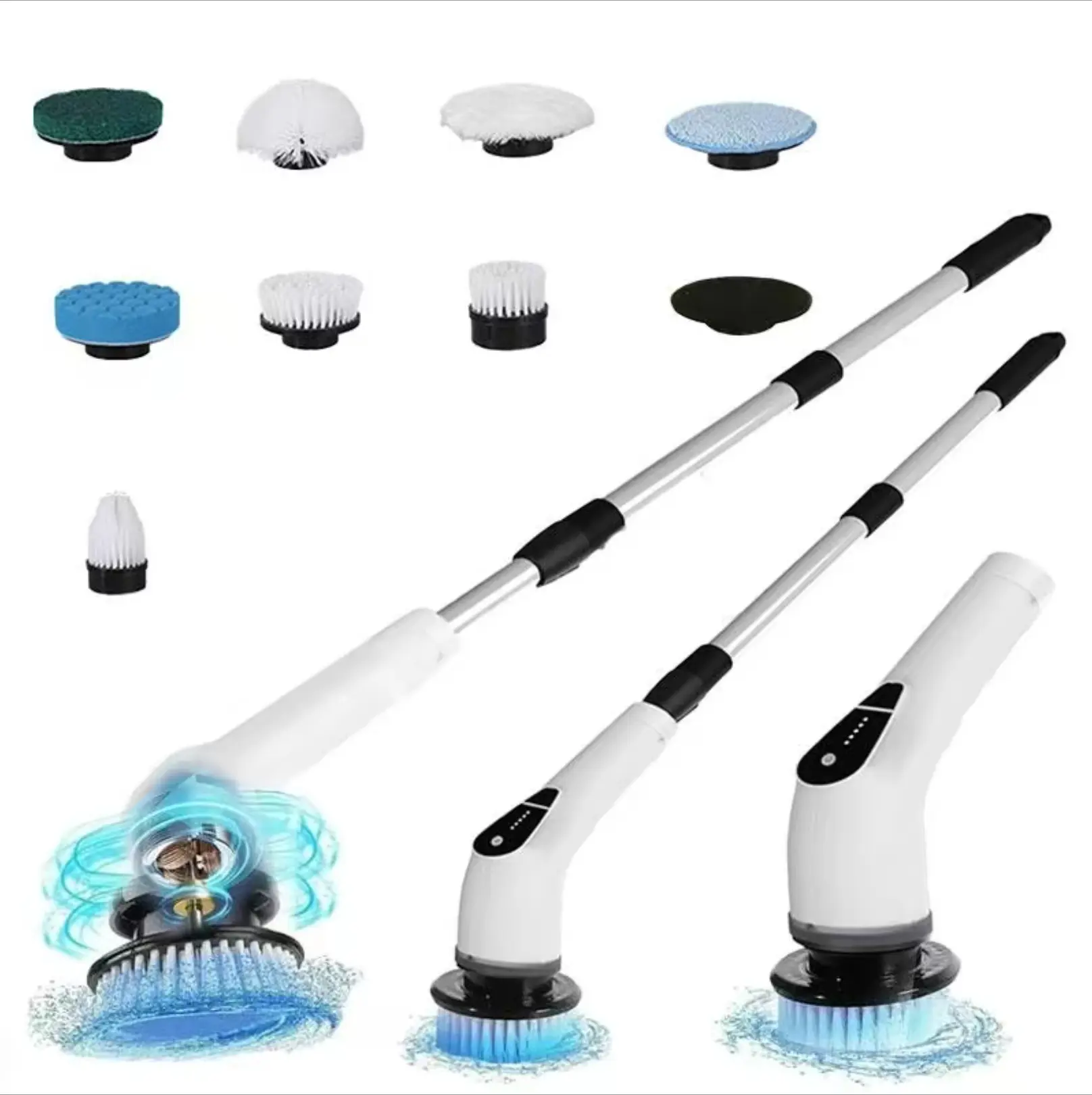 Cordless Electric Spin Scrub Brush - Wireless, Adjustable Height Telescopic Long Handle, 8 Brush Heads, 5 Speeds, USB-C Charging, 3H Charge, 90Min Runtime, Multipurpose Bathroom Tile & Tub Cleaning Squeegee, Father's Day Gift