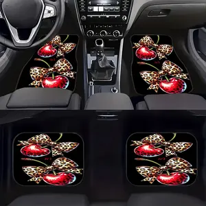 4pcs Leopard Print Bow And Cherry Pattern Car Floor Mats Set, Car Floor Mats All Weather, Universal Protection And Front/Rear Floor Mats, Car Interior Additions, Fashionable Cherry Bow Print Pattern