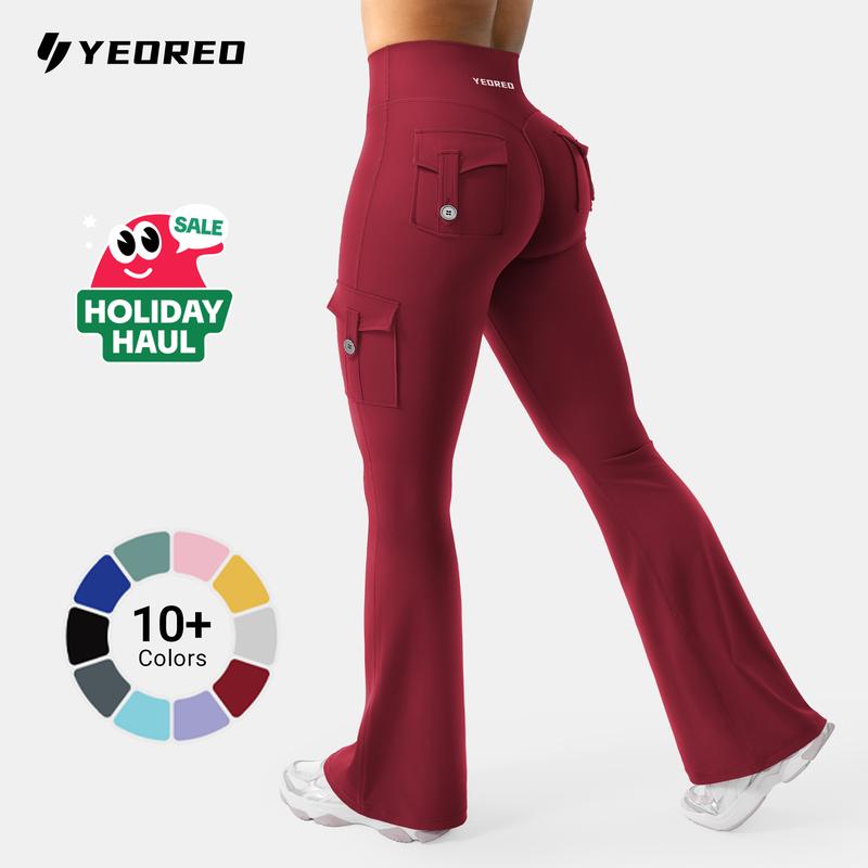 YEOREO CoreFlex Women's Workout Flare Leggings with Pockets Hidden Scrunch High Waisted Cargo Gym Yoga No Front Seam Leggings Flared Joggers Fitness Outfit Camouflage Sports Pants 75% Nylon 25% Spandex