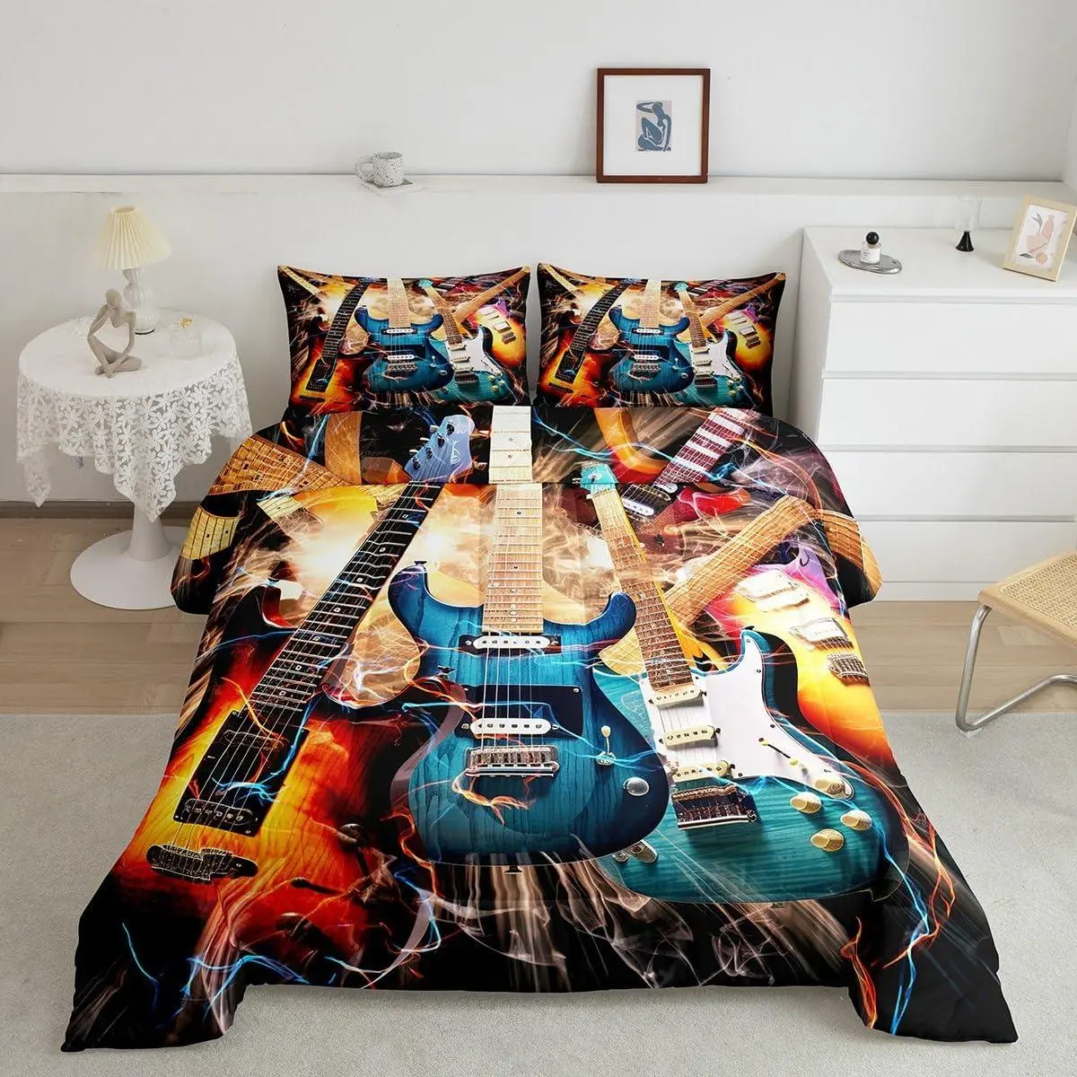 Boys Guitar Comforter Set,Rock Music Bedding Set for Kids Teen Men Cool Lightning Guitar Quilt Duvet Musical Instrument Music Theme Bed Set,Bedroom Decor