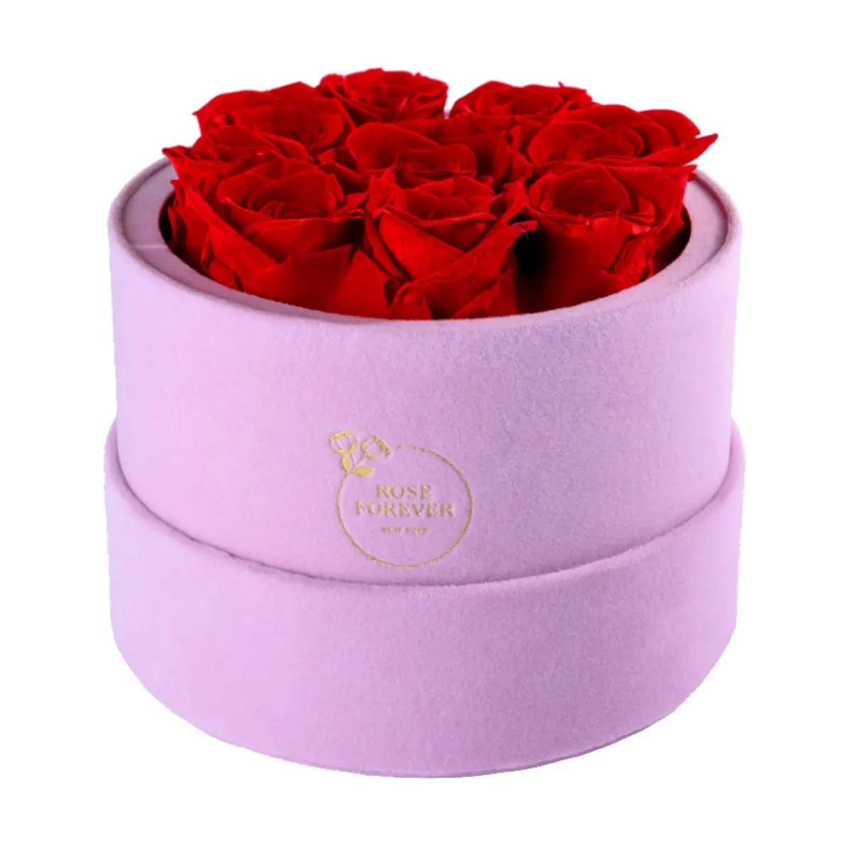 9 Red Rose Floral Arrangement in Pink Round Suede Box - Feminine Romantic Decorative Flower Centerpiece Gift for Girlfriend, Home Decor