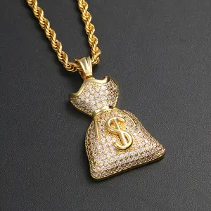 Personalized USD $Symbol Money Bag Pendant Double sided Copper Set with Zircon Hip Hop Trendy Necklace Jewelry