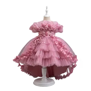 Girls European Princess Wedding Dress with Front Long Skirt ALine Bridesmaid Attire Short Sleeve Belted Waist Solid Color Hand Washable Formal Party Gown