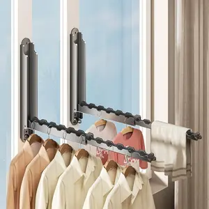 Folding clothes drying rack for balcony, home use, wall-mounted, window-mounted clothes rack, no drilling required, adjustable telescopic rod for drying clothes