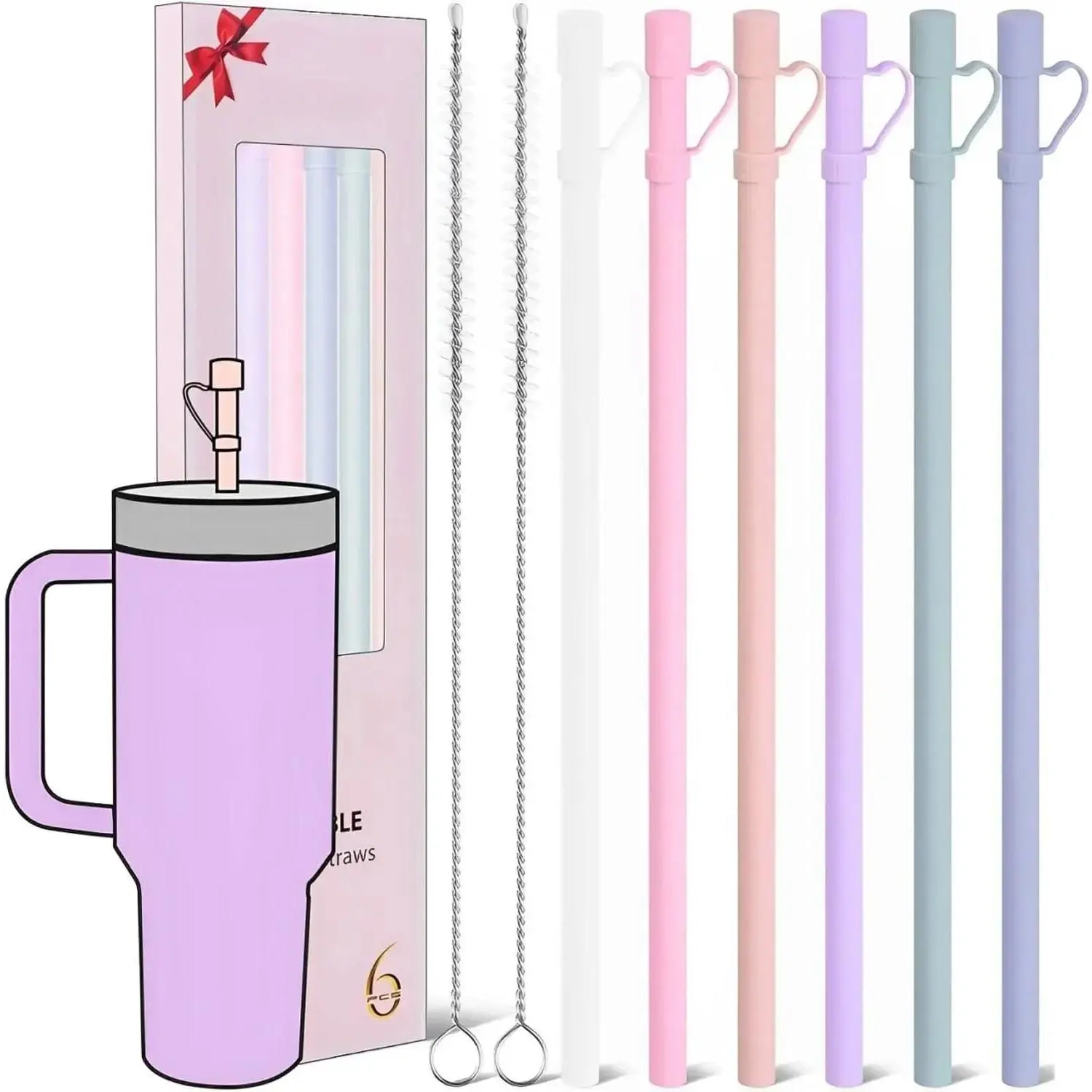 Reusable Replacement 12 inch Long Silicone Straw With Cover, Stocking Stuffers Gifts for Women Men Teens Girls Boys, Compatible with Stanley Tumbler Cup Accessorie 40 oz 30 oz (6 Pack)