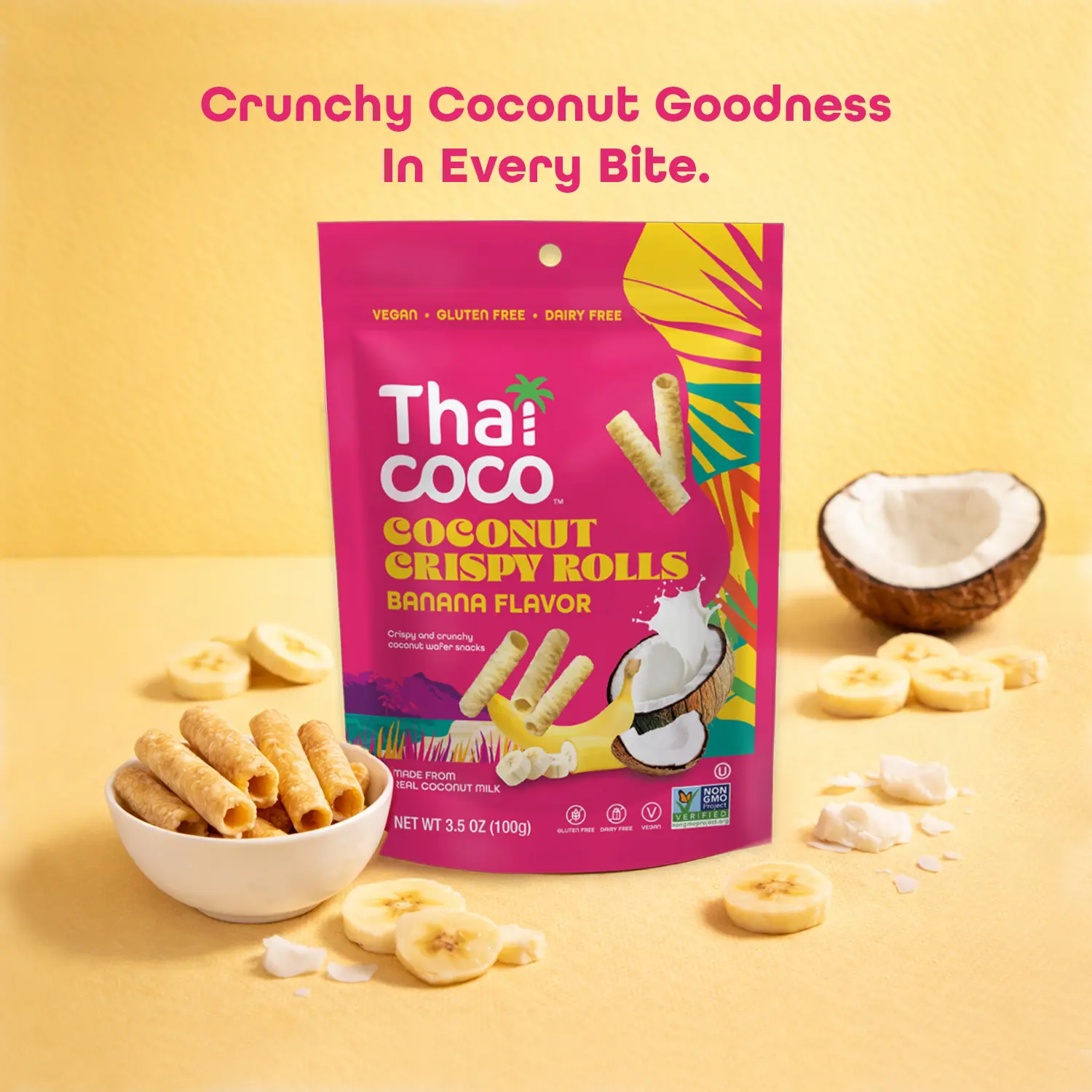 Thai Coco Banana Crispy Coconut Rolls 1 Bag (3.5 oz) - Organic Tropical Snack, Vegan, Gluten-Free, Dairy-Free, Non-GMO, Light Fluffy Healthy Snack