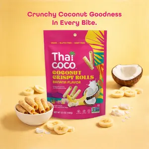 Thai Coco Banana Crispy Coconut Rolls 8 Bag (3.5 oz) - Organic Tropical Snack, Vegan, Gluten-Free, Dairy-Free, Non-GMO, Light Fluffy Healthy Snack
