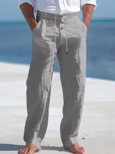 Men's Linen Pants with Button Decoration and Drawstring, Summer Beachwear, Straight Leg, Solid Color, Comfortable and Breathable, Casual Loose Pants