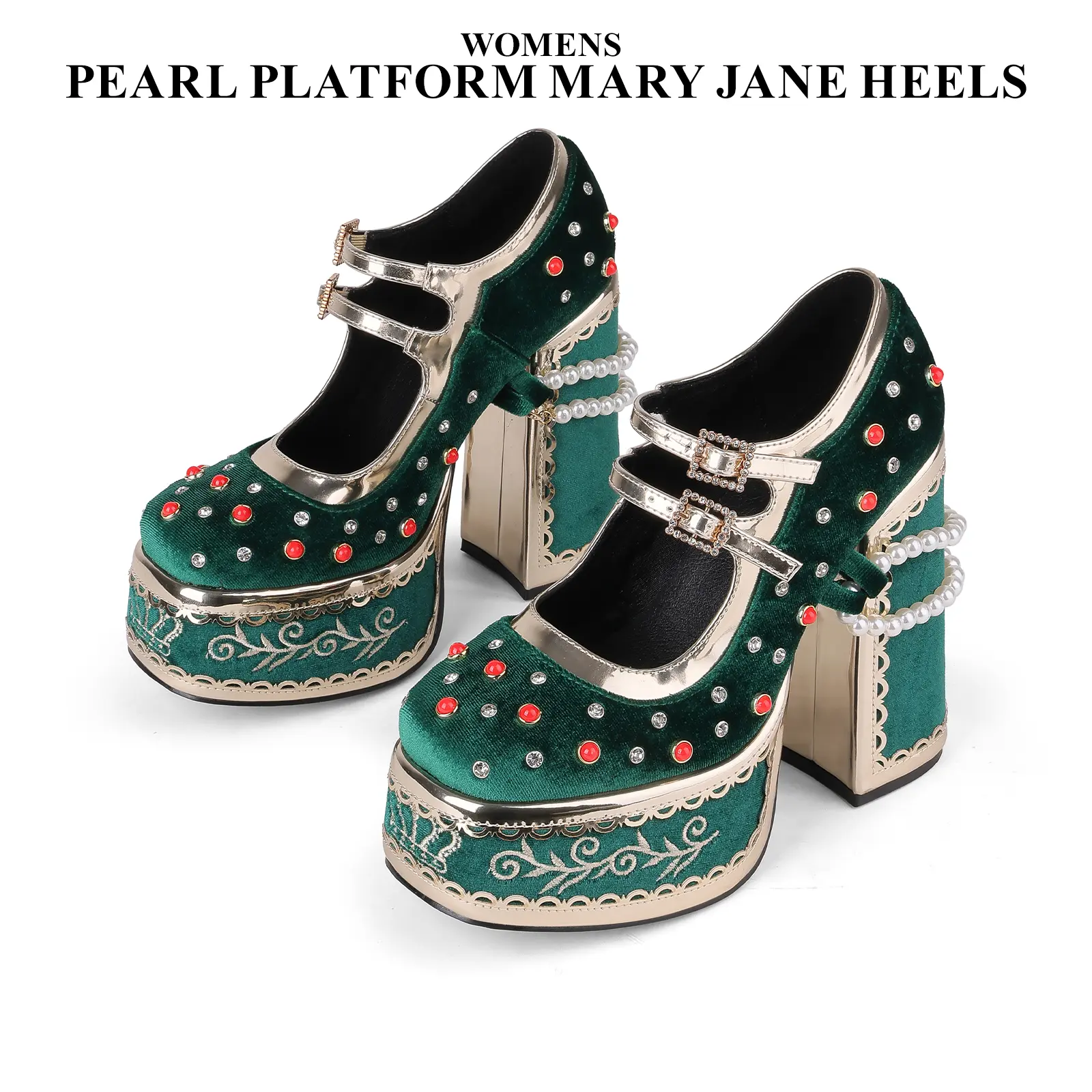 CYNLLIO Womens Platform Mary Jane High Heels Square Toe Flower Adjustable Ankle Strap Slip On Comfy Fashionable Colorful Studs Pearl Chain Chunky Platform Heeled Modern Wedding Party Outing Dating Cosplay Casual Dress Summer Pump Shoes