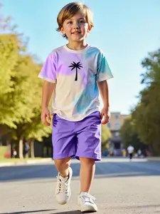 Boys Summer Set, Short Sleeve Palm Tree Printed Breathable Airflow Shorts, Casual Loose Fit Two-Piece Suit, Natural Waist Regular Length