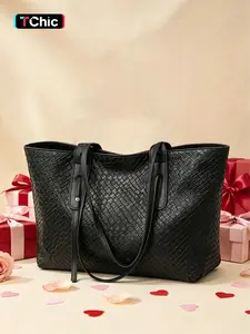 Large Capacity PU Woven Stylish Tote Bag, Women's Casual Handbag and Shoulder Bag, Elegant Plain Style for Office, Work, Travel, Party Use