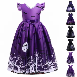 Black Kids Clothes Long Halloween Dress 012 Children Cosplay Costume Fancy Carnival Pumpkin Witch Vampire Party Holiday Princess Frock  4-14Y