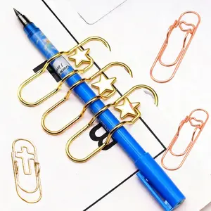 Box of 9Pcs Multifunctional Heart & Star Pen Clips Carbon Steel Gold Rose Gold Silver Large Size Paperclip Holder for Notebook Book Journal Office School Accessories