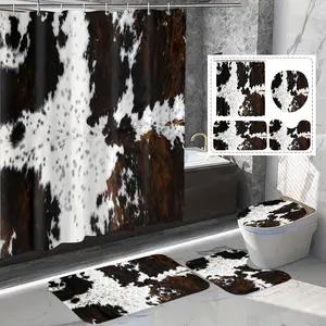 1/4pcs cow pattern printed shower curtain with 12 hooks, polyester curtain, black brown fur pattern printed decoration bathroom set, bathroom carpet, U-shaped mat, toilet lid pad, bathroom accessories