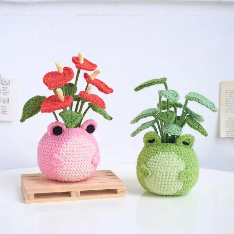 Froggy Duo Pots Crochet Bundle | Pink Frog Pot, Green Frog Pot , Frog Crochet