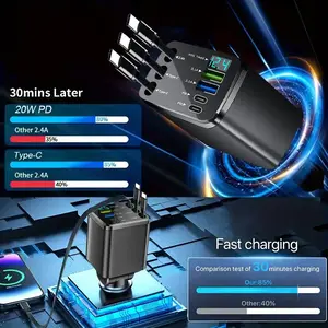 Best-Selling 7-in-1 Car Charger with Retractable Cables, Smart LED Display & 180° Rotation, PD Fast Charging for iPhone, Type-C & Android Devices Multi-Port USB Hub Compact Plug & Play Design Voltage Monitor Perfect for Travel Type C Rechargeable