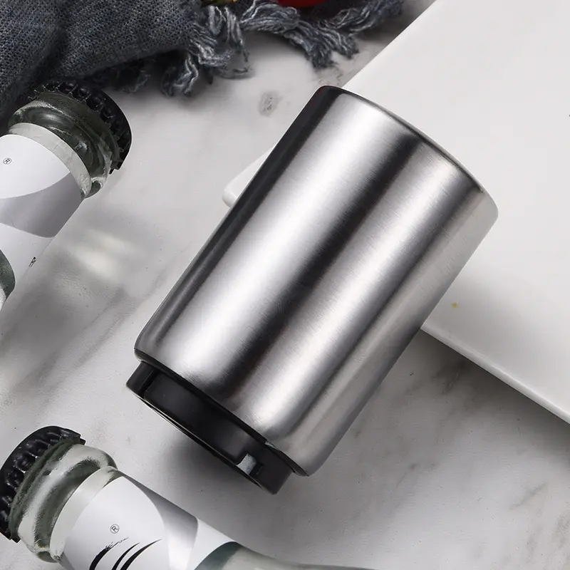 Premium Beer Bottle Opener (Silver), Magnetic Automatic Stainless Steel Push Down Opener, No Cap Can Escape, Quick Open Cap for Kitchen Home Bar Restaurant Household Utensils