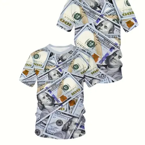Men's New Dollar 3D Printed Summer Short Sleeve T-Shirts, Casual Streetwear Fitted Long Tops